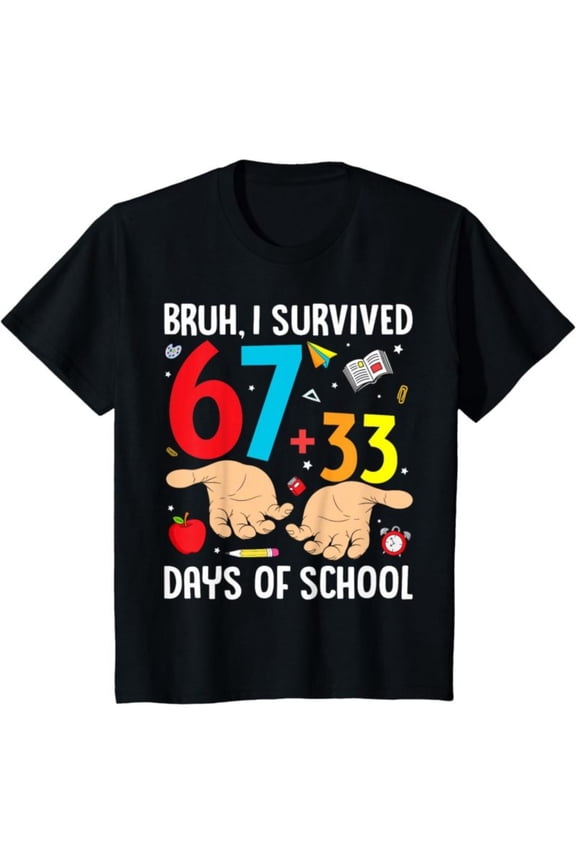Bruh I Survived 67 33 Days of School Kids 100th Day T-Shirt, Tee for 100th Day School Celebration, Back To School T-Shirt for Kids, Black, 180gsm, 100% Cotton
