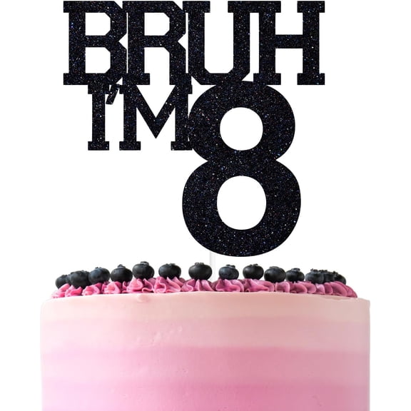 Bruh I'm 8 Cake Topper, Black Glitter Cardstock 8th Birthday Cake Topper for Boys Funny 8 Yr Old Birthday Party Supplies, 1 Count
