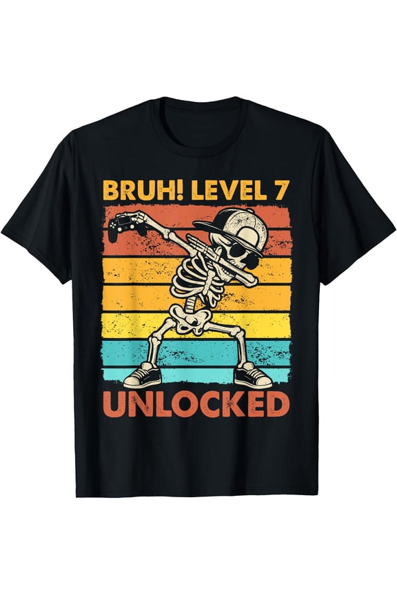 Bruh Level 7 Unlocked Skeleton Gamer 7th Birthday Boy Kids T-Shirt