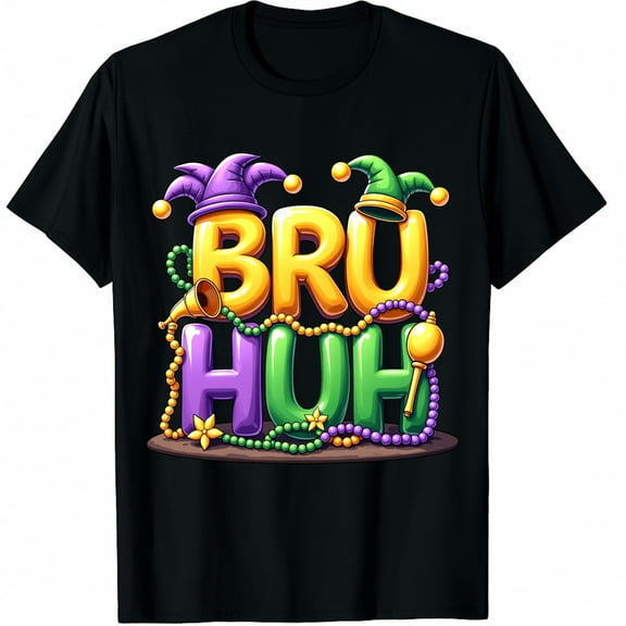 Bruh Mardi Gras Graphic Black T-Shirt for Men and Women