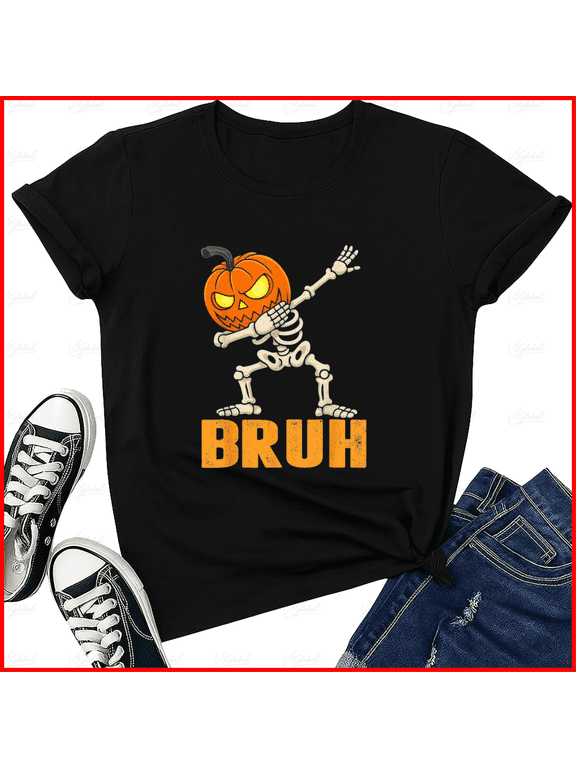 Bruh Skeleton Halloween Dabbing Boys Pumpkin Jack-o'-Lantern Graphic Unisex T-Shirt,S-5XL