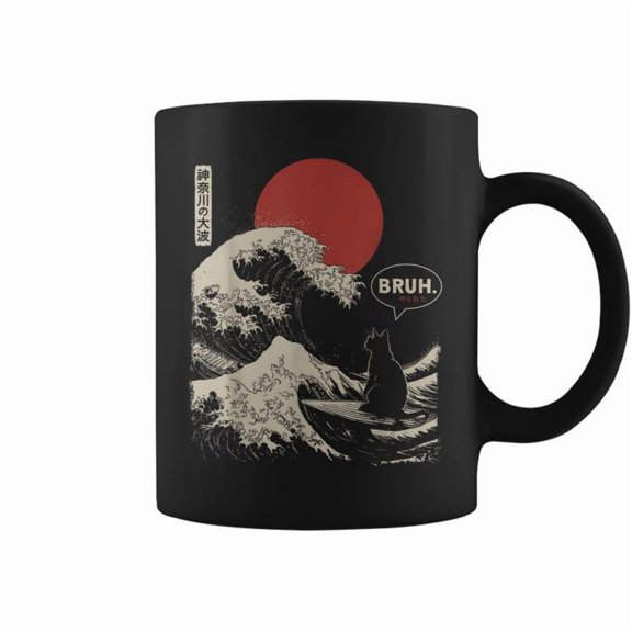 Bruh The Great Wave Kanagawa Japanese Surfing Cat Coffee Mugs