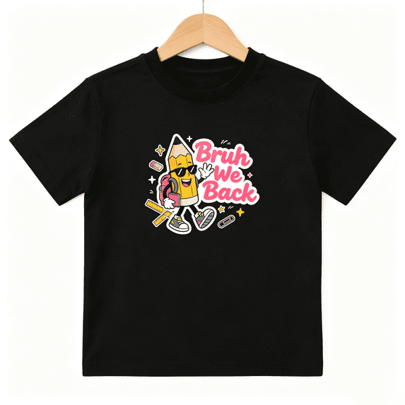 Bruh We Back Cartoon Pencil Character Boys Graphic Tee Funny Back To School Toddler Tee 100% Cotton Kids Short Sleeve T-Shirt