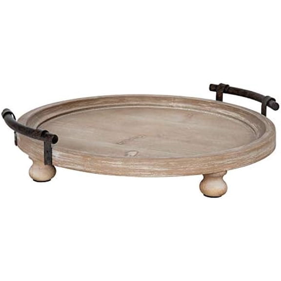 Bruillet Round Wooden Footed Tray with Handles, 15 inch Diameter, Rustic Finish