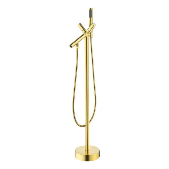 Brulon Double Handle Floor Mounted Tub Filler with Handshower in Brushed Gold