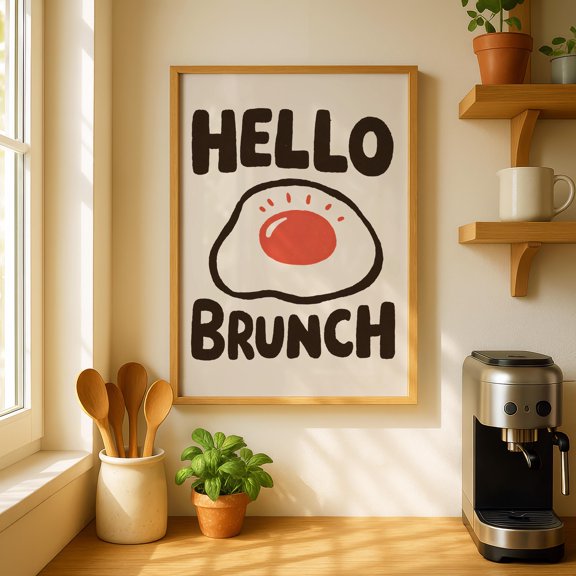 Brunch Kitchen Wall Art, Breakfast Print Poster, Retro Typography Egg Art, Coffee Bar Wall Decor for Dining Room HELLO BRUNCH, Poster Only