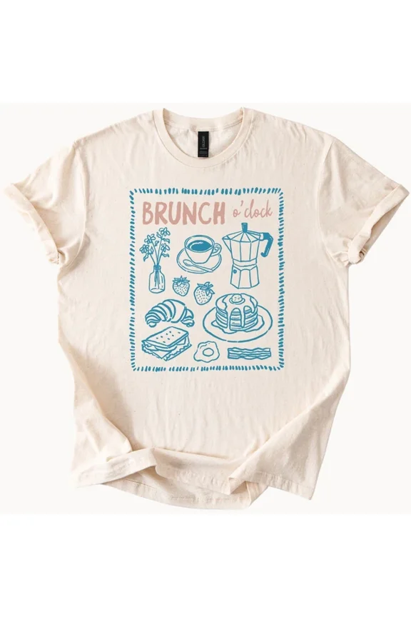 Brunch O Clock Graphic Shirt Pancakes Coffee Croissant Cute Breakfast Tee Size S-5Xl Heygategoo Tee