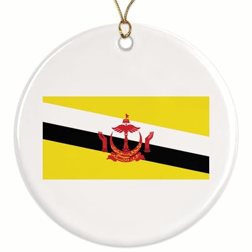 Brunei World Flag Christmas Ornament - Brunei Pride - 2.8" Round Ornament - Gold String Included - Choose from Over 100 Countries - UV Printed Design - Glossy Ceramic - BMCO0986