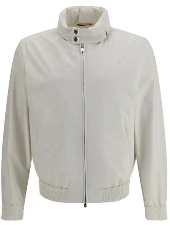 Beige Turtleneck Zippered Pockets Nylon Jacket (Men's)