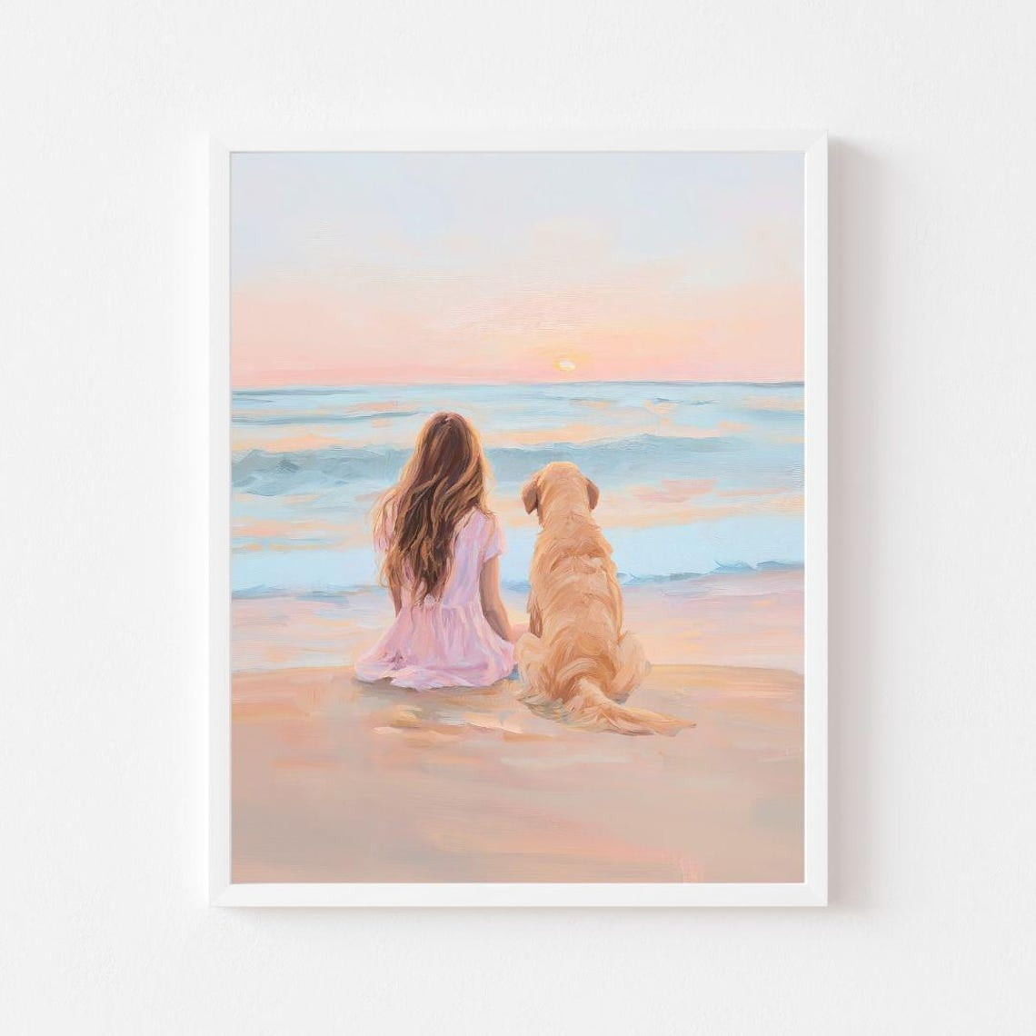 Brunette Girl And Golden Retriever By The Ocean Painting Coastal Pastel Pet  Dog Art Print Beach House Puppy Wall Art Decor For Home Office, 24x36 ..., image size:1140x1140