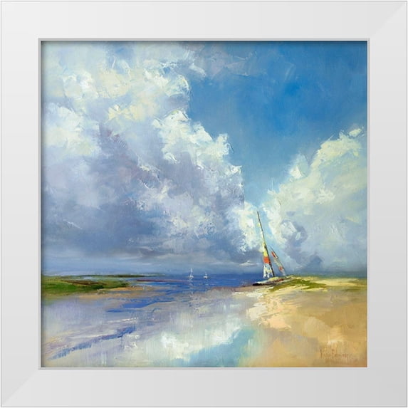 Bruniany, Kasia 20x20 White Modern Wood Framed Museum Art Print Titled - Sailboat on a Sandy Beach