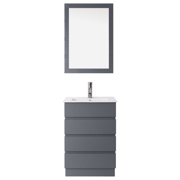 Bruno 24" Single Bathroom Vanity in Grey with Slim White Ceramic Top and Square Sink with Brushed Nickel Faucet and Mirror