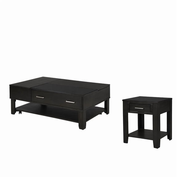 Bruno 2 Piece Ash Gray Wooden Lift Top Coffee and End Table Set with Tempered Glass Top and Drawer