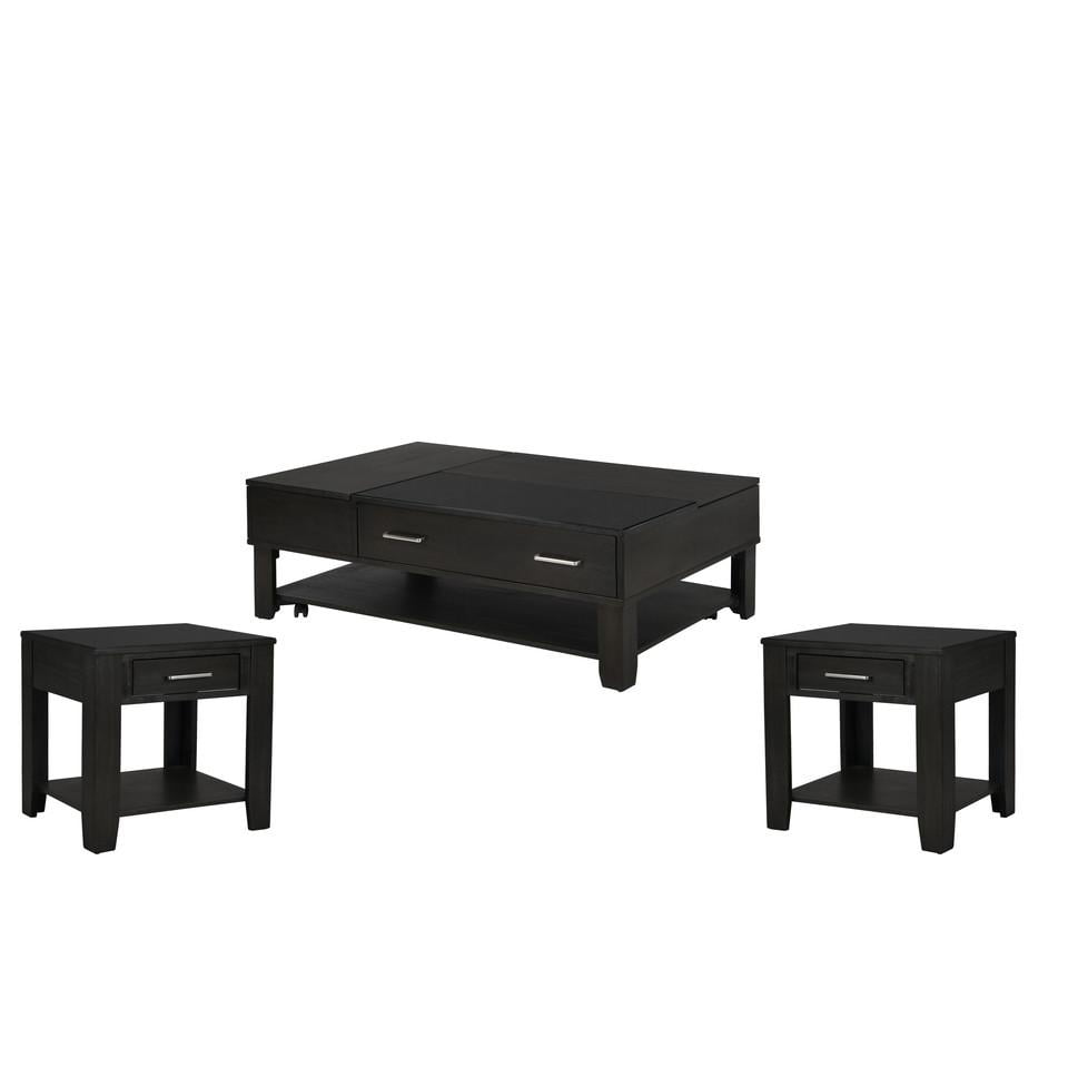 Bruno Ash Gray Wooden Coffee & End Table Set with USB & Glass Top