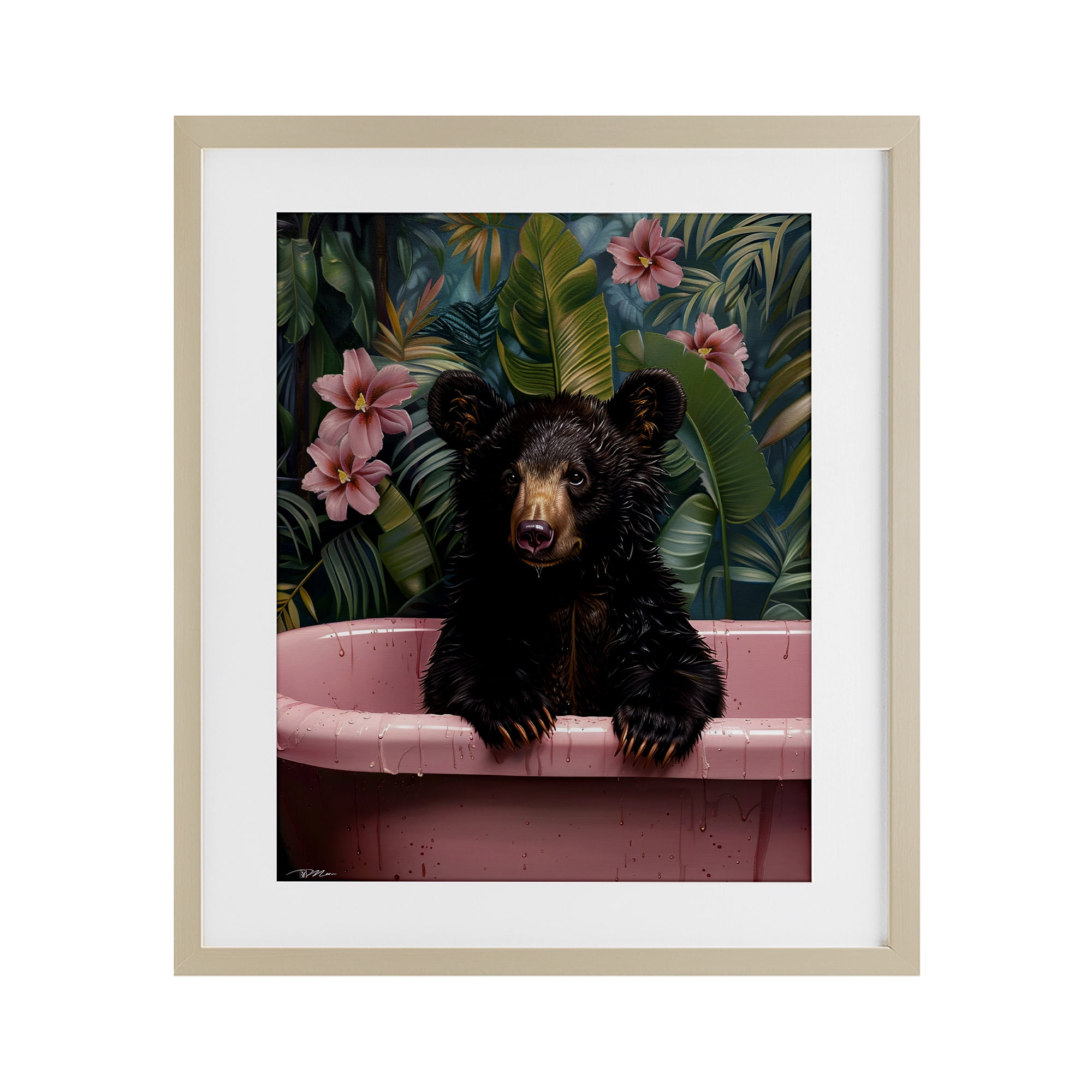 Bruno Bear in Pink Tub Birch Framed Print Under Glass, design by Momart