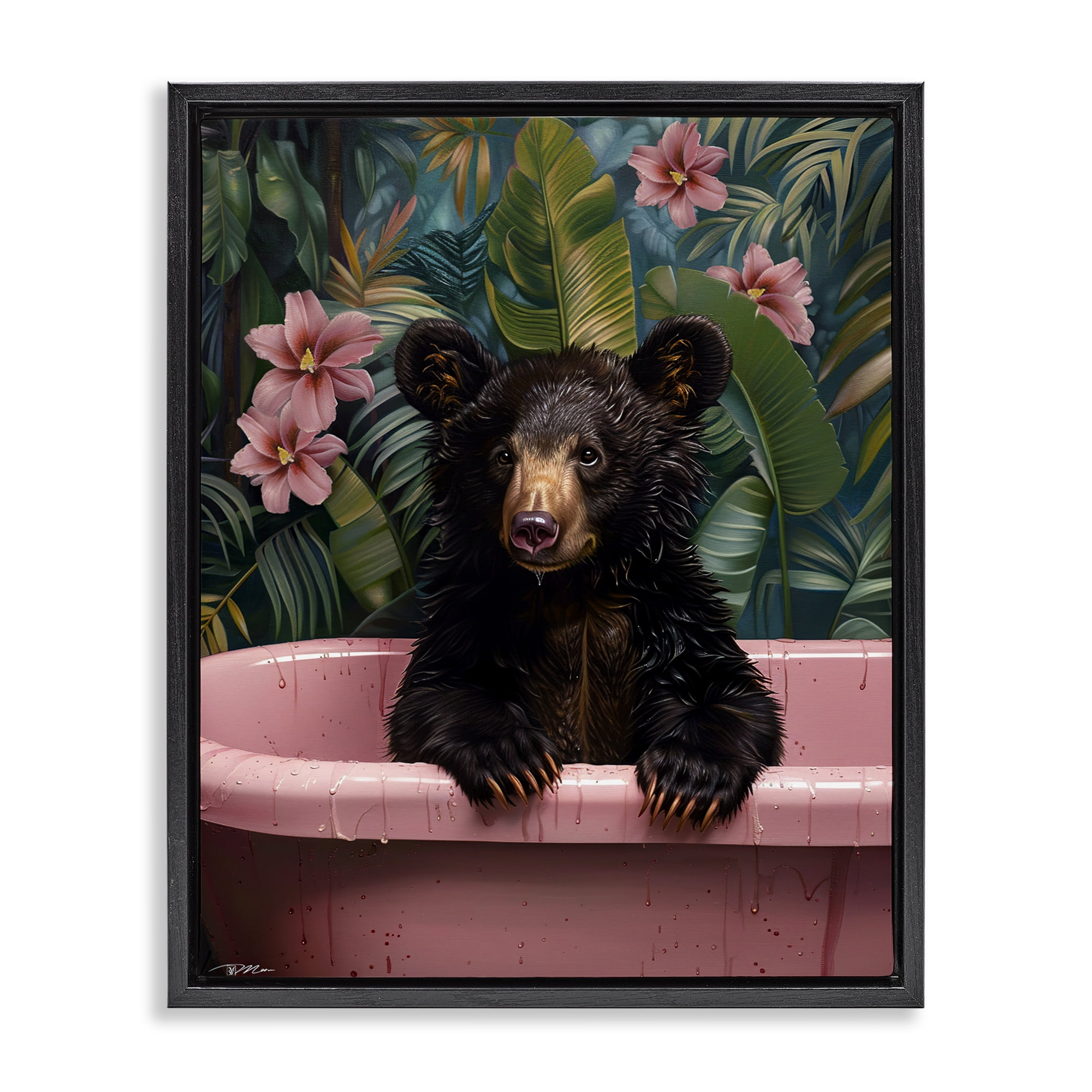 Bruno Bear in Pink Tub Black Framed Floater Canvas Wall Art, design by Momart