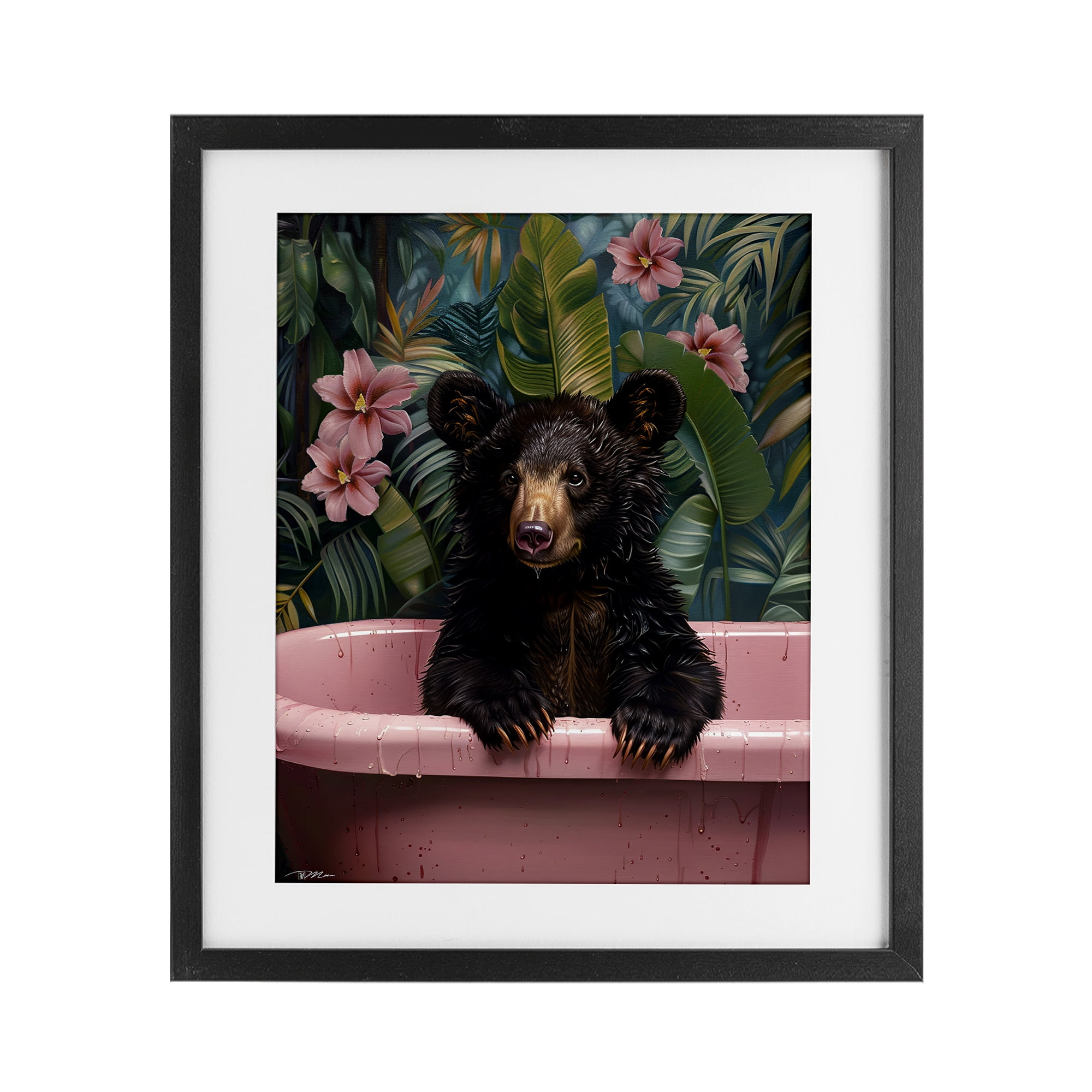 Bruno Bear in Pink Tub Black Framed Print Under Glass, design by Momart