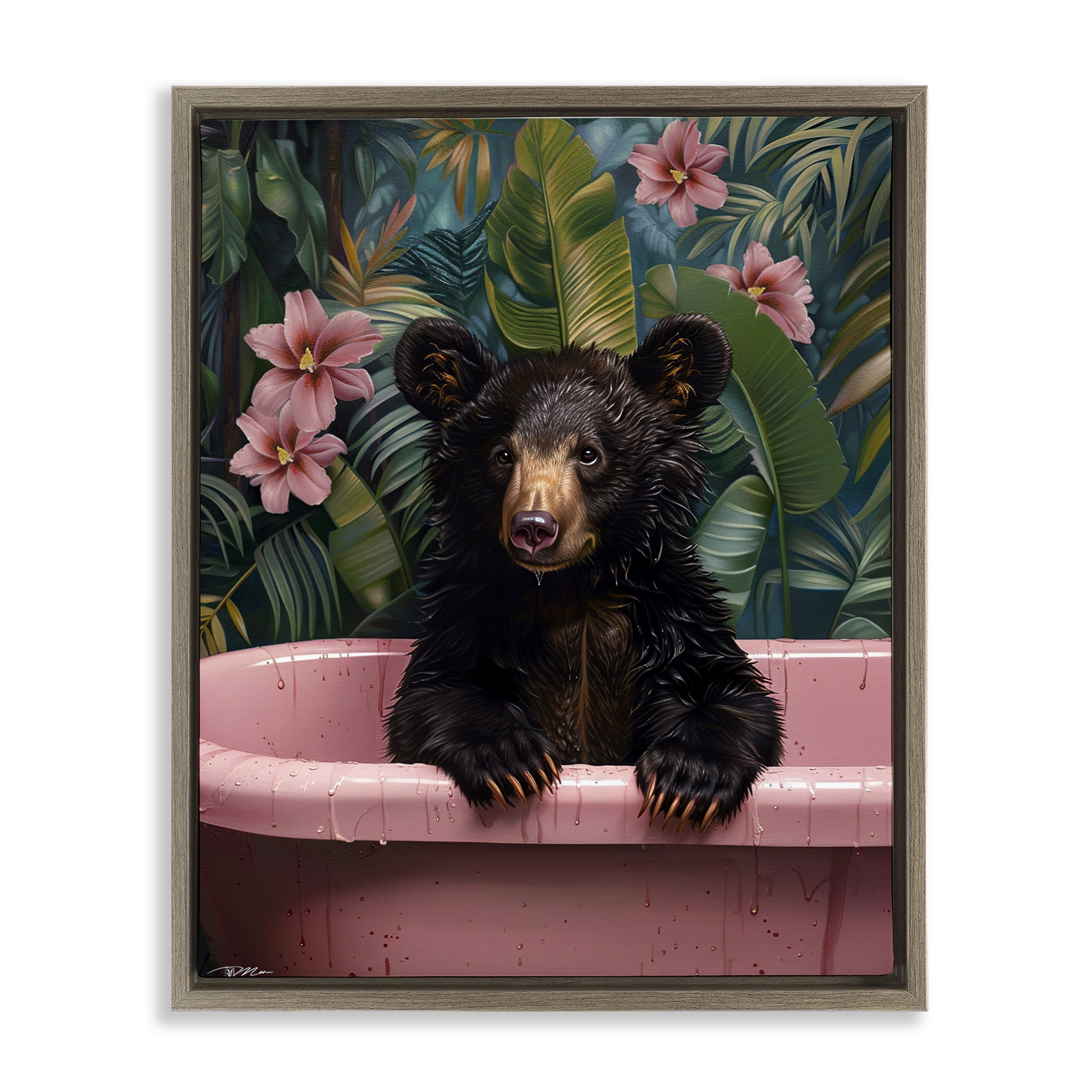 Bruno Bear in Pink Tub Brown Framed Floater Canvas Wall Art, design by Momart