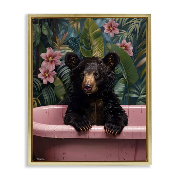 Bruno Bear in Pink Tub Gold Framed Floater Canvas Wall Art, design by Momart