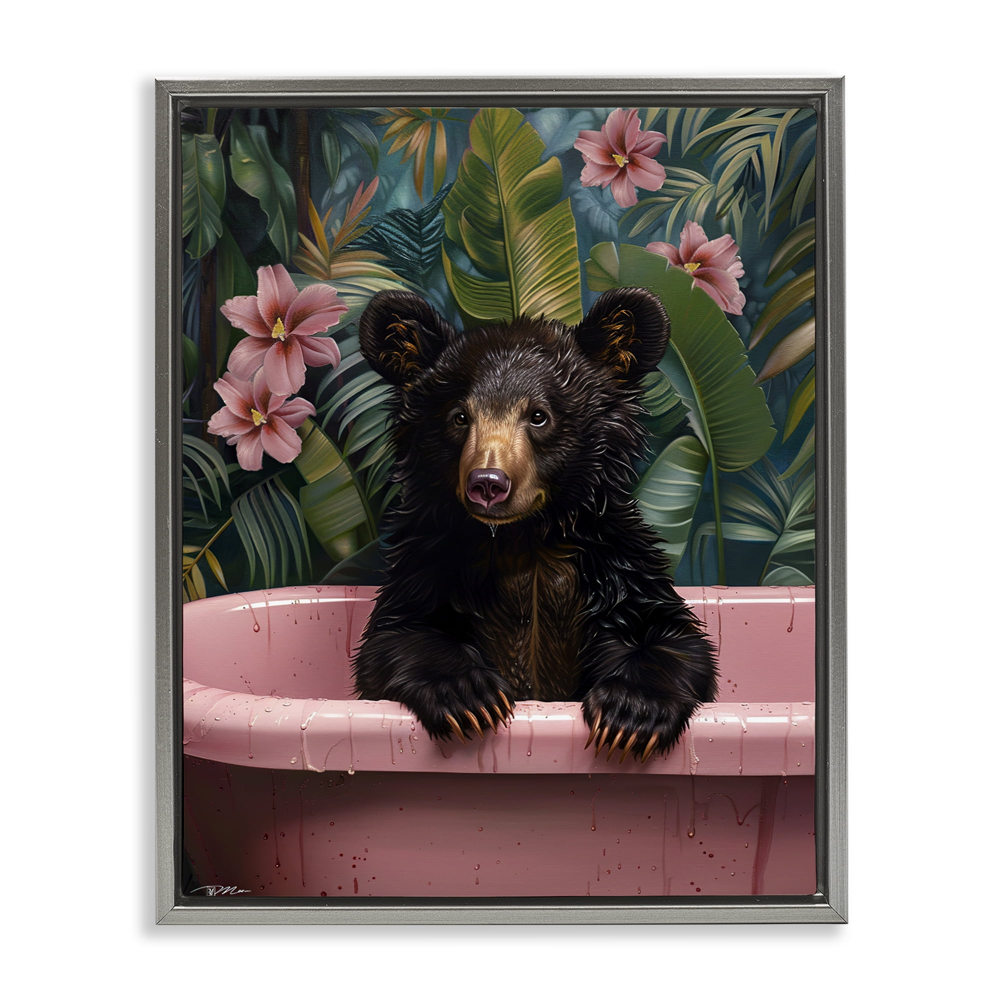 Bruno Bear in Pink Tub Gray Framed Floater Canvas Wall Art, design by Momart