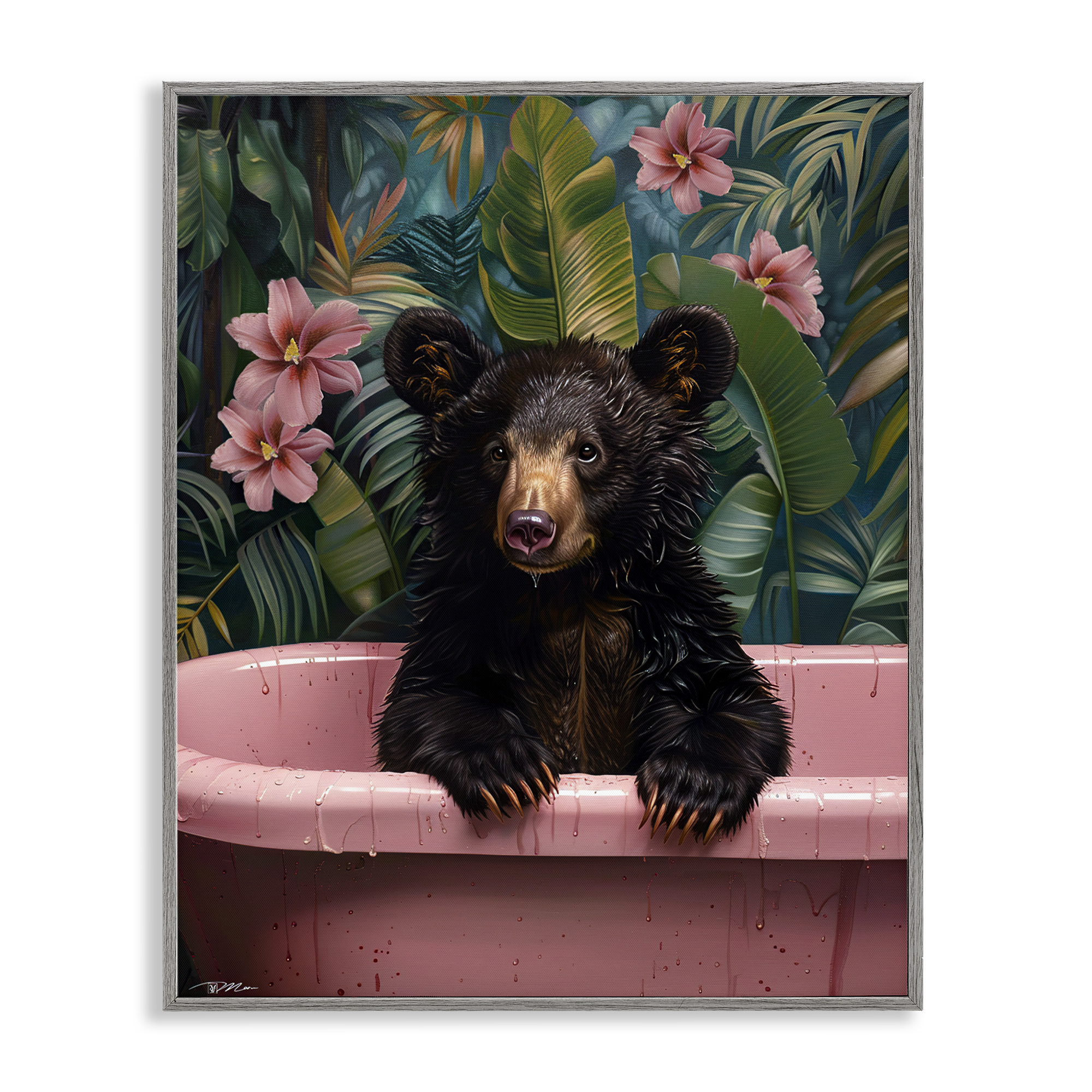 Bruno Bear in Pink Tub Gray Framed Giclee Art, design by Momart