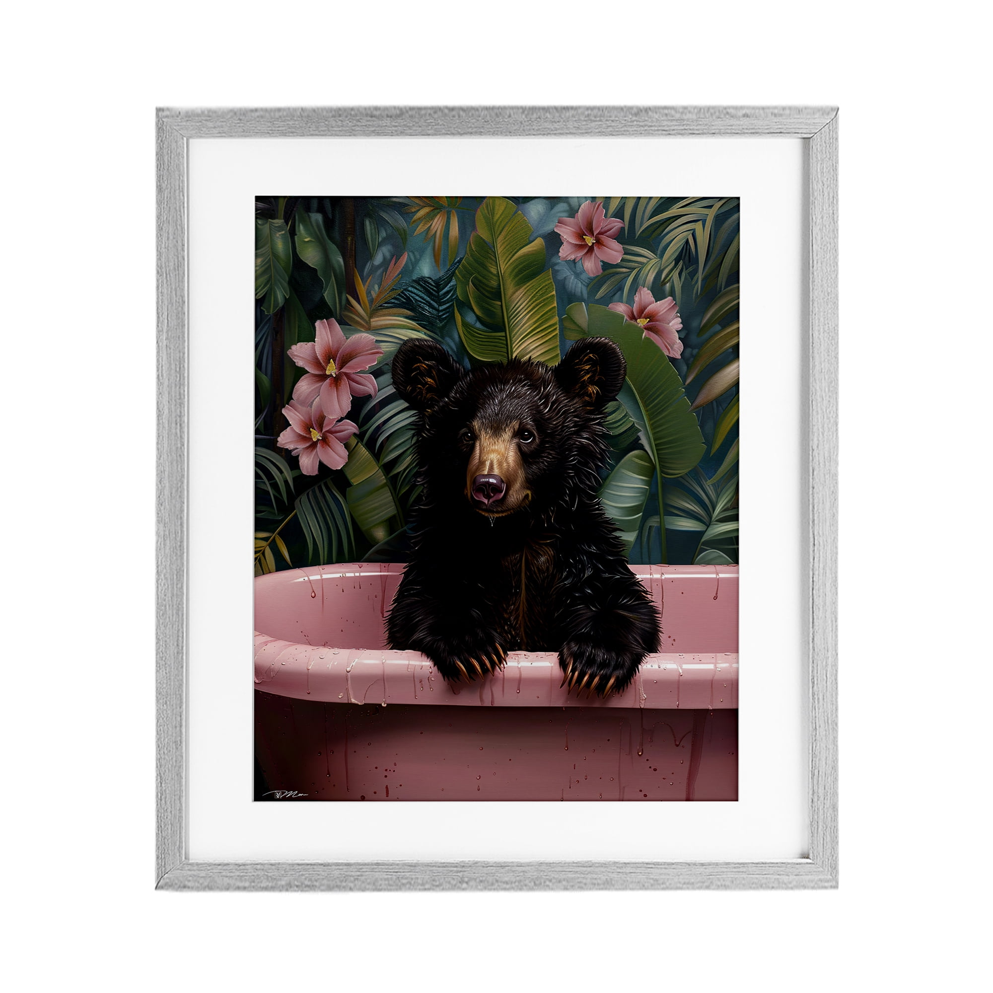 Bruno Bear in Pink Tub Gray Framed Print Under Glass, design by Momart