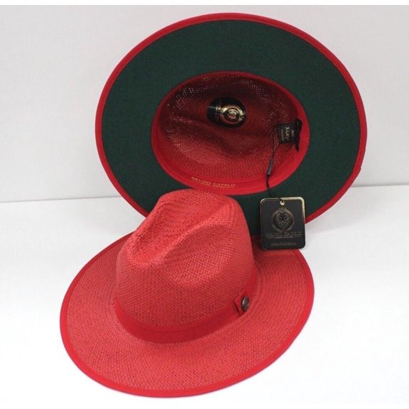 Bruno Capelo Men's Red/Green Wide Brim Straw Fedora Kingdom Collection KI-507