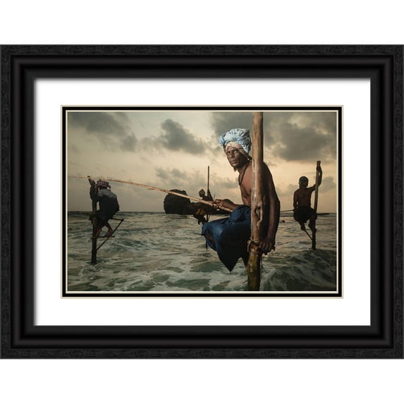Bruno, Giacomo 18x13 Black Ornate Wood Framed with Double Matting Museum Art Print Titled - The Stilt Fisherman.