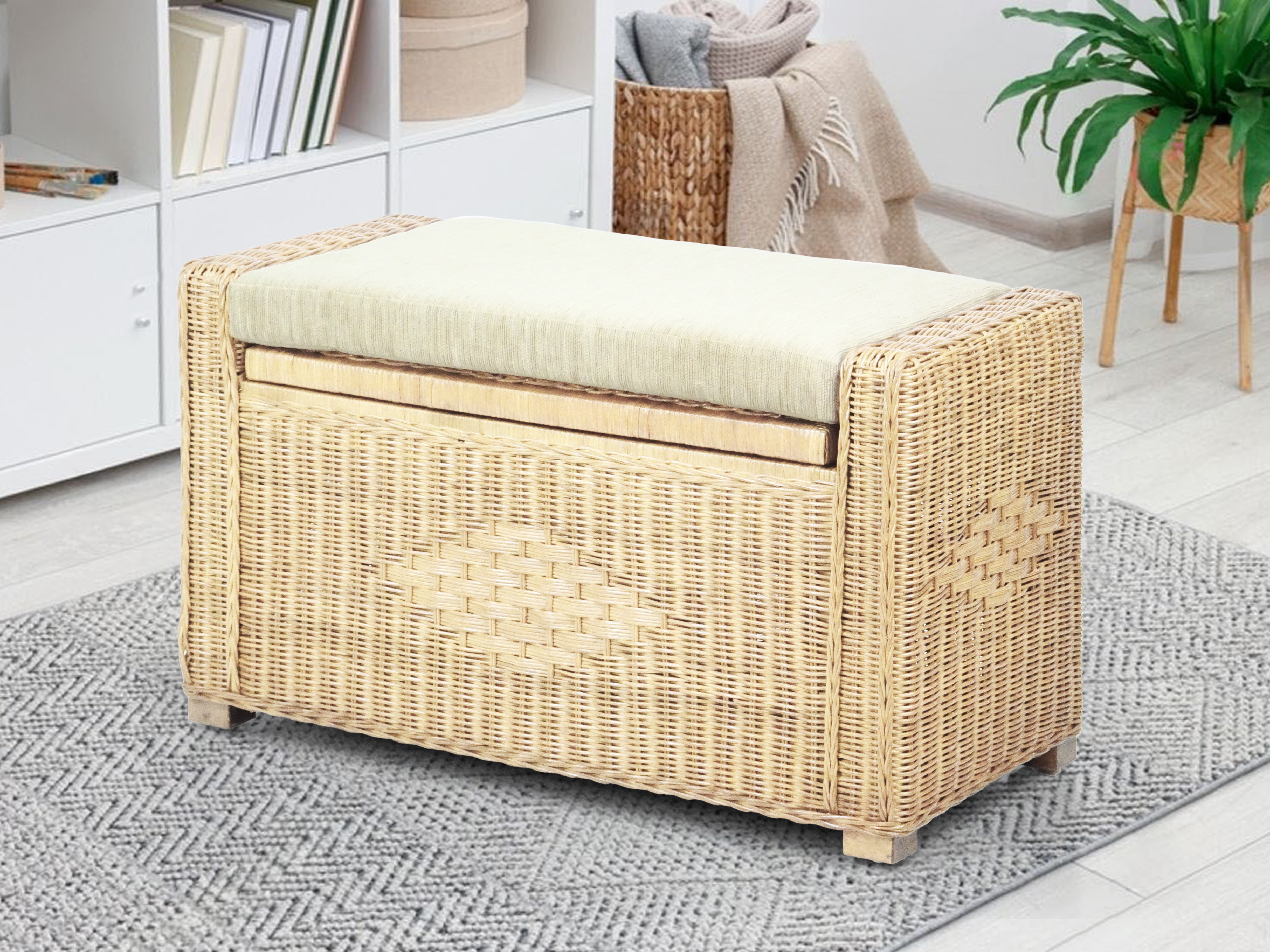 Bruno Handmade 32 Inch Rattan Wicker Chest Storage Trunk Organizer Ottoman W/Cushion Natural Color