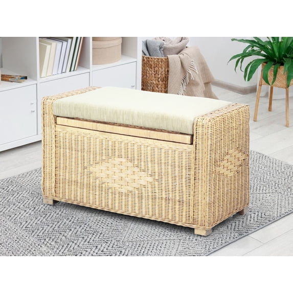 Bruno Handmade 32 Inch Rattan Wicker Chest Storage Trunk Organizer Ottoman W/Cushion Natural Color