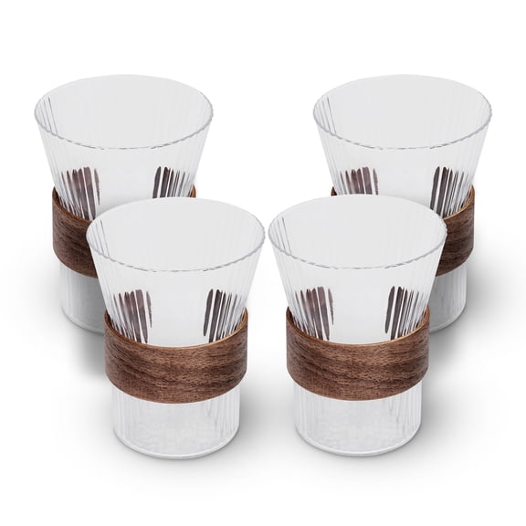 Bruno Magli Whiskey Rock Glasses with Wood Band - Set of 4