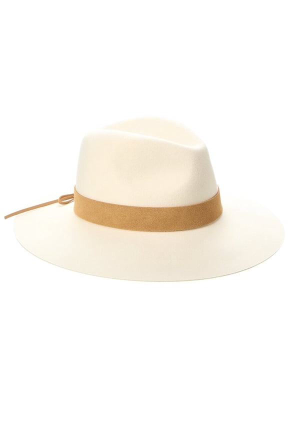 Wide Brim Leather-Trim Wool Fedora, White