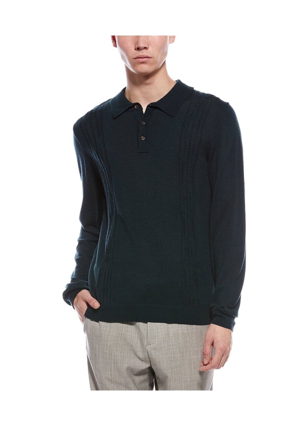 mens  Cable Front Merino Wool Polo Sweater, XL, Green