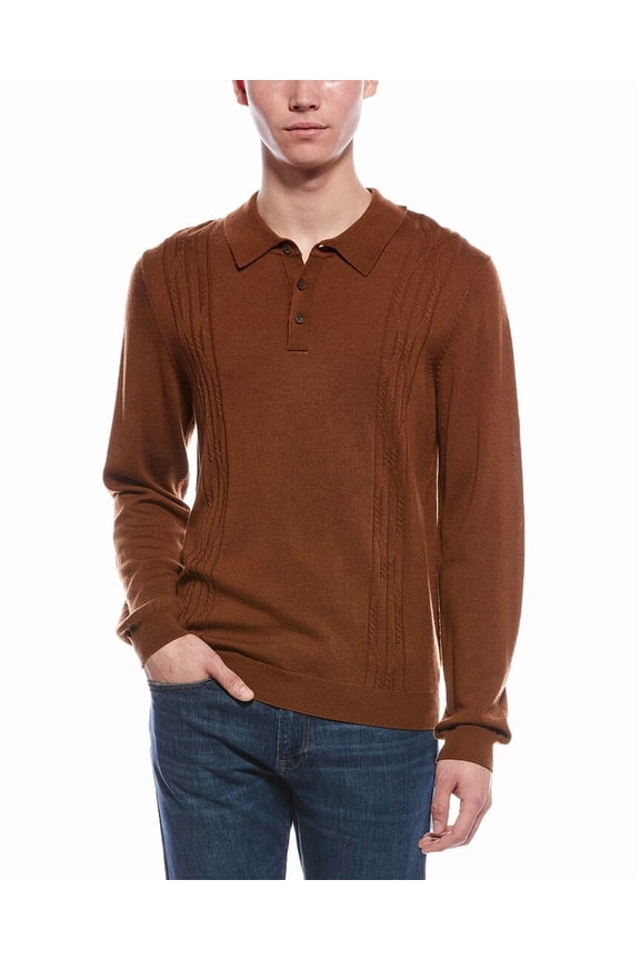 mens Cable Front Merino Wool Polo Sweater, XL, Multi