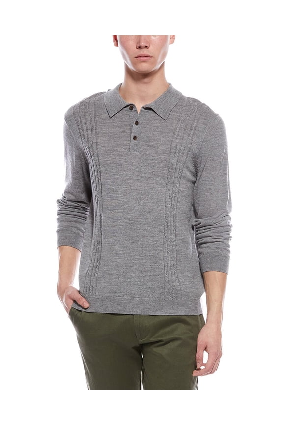 mens  Cable Front Merino Wool Polo Sweater, l, Gray
