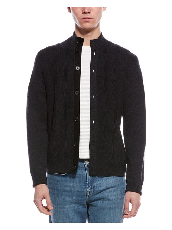 mens Merino Wool Cardigan, l, Black