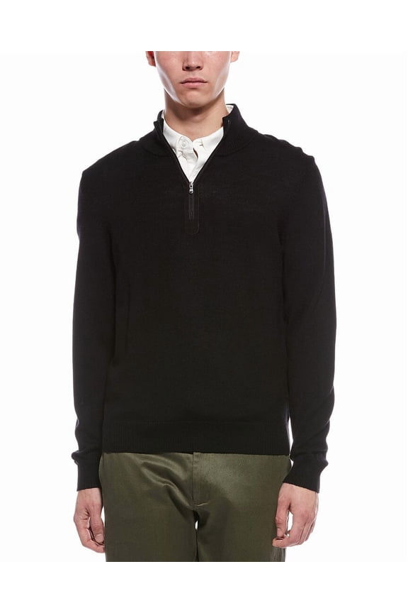 mens Plaited 1/4-Zip Merino Wool Mock Neck Sweater, XL, Black