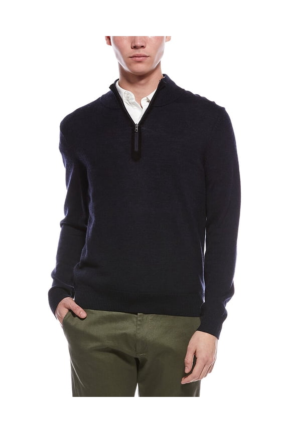 mens Plaited 1/4-Zip Merino Wool Mock Neck Sweater, l, Navy