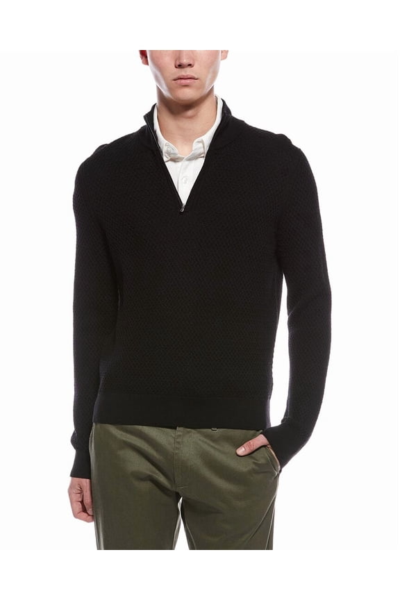 mens Textured 1/4-Zip Merino Wool Mock Neck Sweater, XL, Black