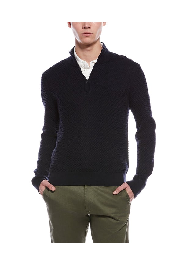 mens Textured 1/4-Zip Merino Wool Mock Neck Sweater, XL, Navy