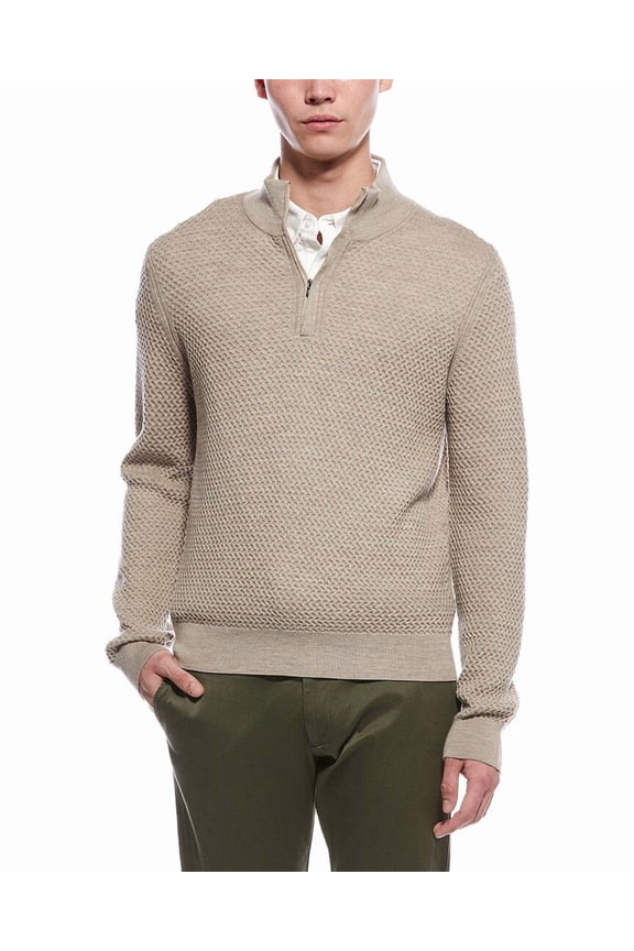 mens Textured 1/4-Zip Merino Wool Mock Neck Sweater, l, Brown