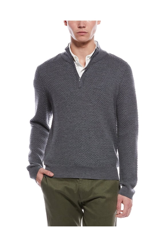 mens Textured 1/4-Zip Merino Wool Mock Neck Sweater, l, Gray