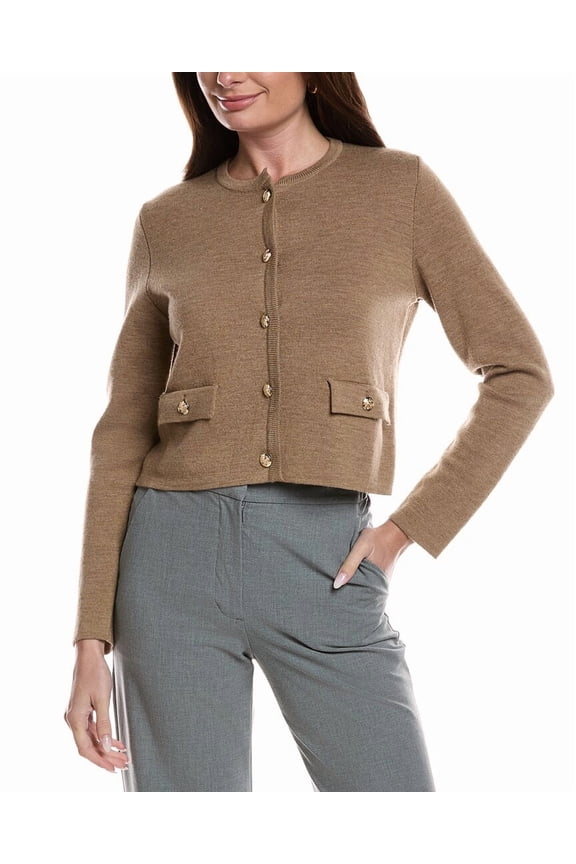 womens Merino Wool Cropped Crewneck Jacket, s, Tan