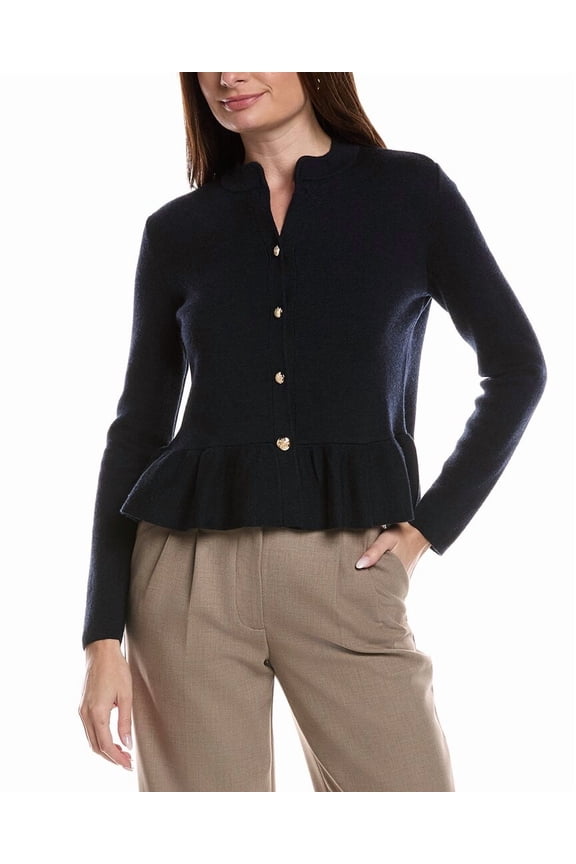 womens Merino Wool Peplum Sweater Jacket, s, Navy