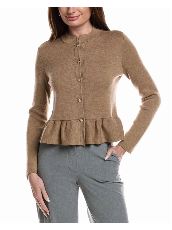 womens Merino Wool Peplum Sweater Jacket, xs, Tan