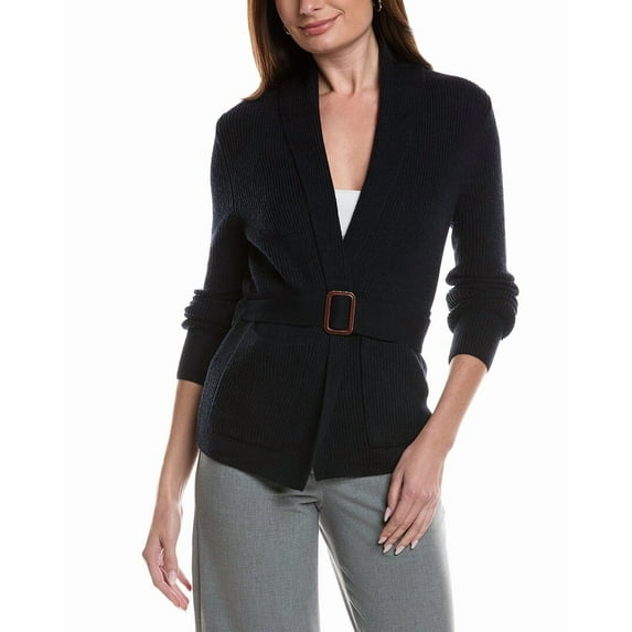 Bruno Magli womens Merino Wool Ribbed Belted Shawl Cardigan, s, Navy