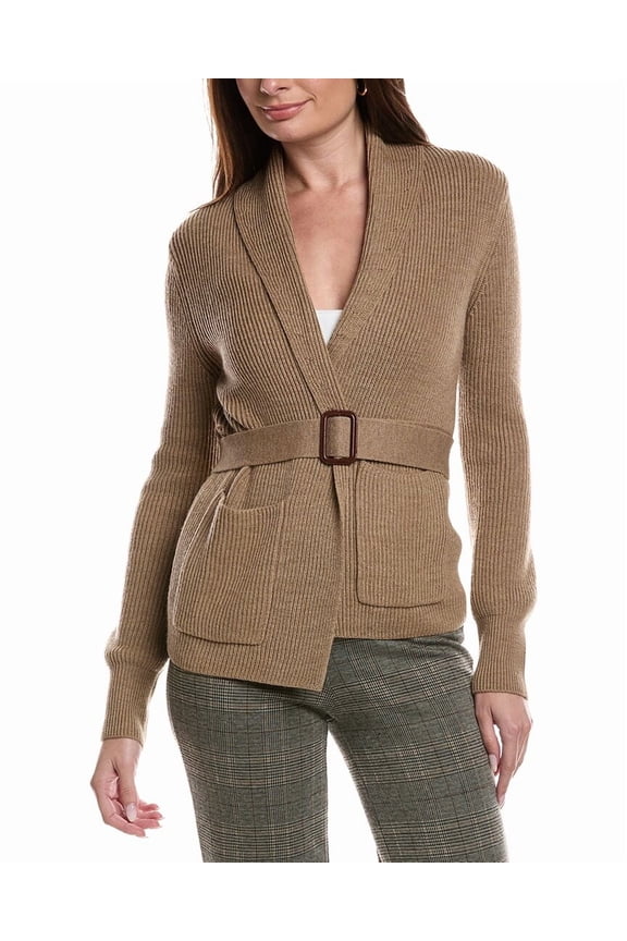 womens Merino Wool Ribbed Belted Shawl Cardigan, xs, Tan
