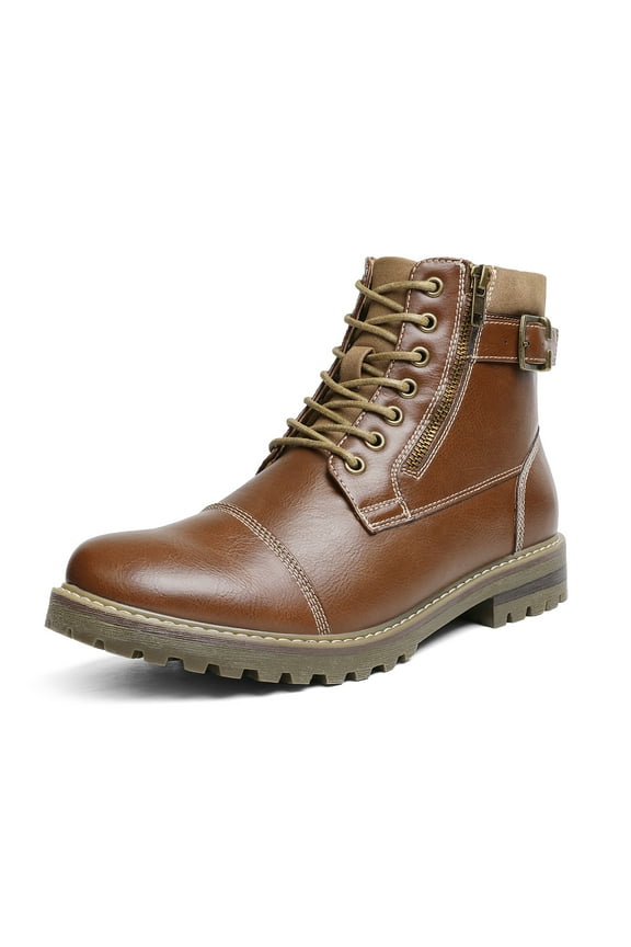 Mens Fashion Motorcycle Combat Faux Fur Military Leather Outdoor Ankle Boots for Men Engle-05 Brown Size 11