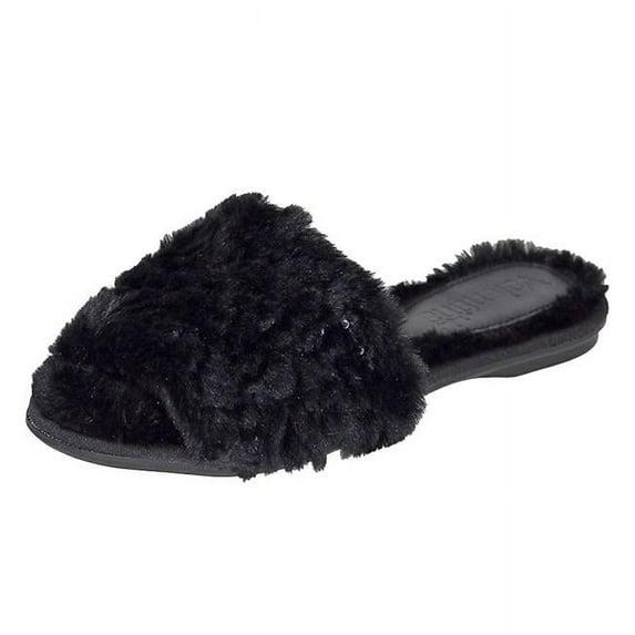 Bruno Menegatti 230193BL-10 Valentina Fluffy Slide Sequins Flat Slippers, Black - Size 10
