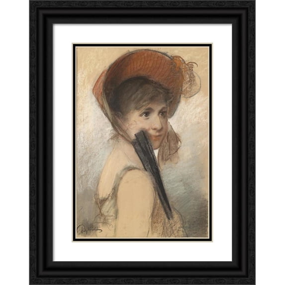 Bruno Piglhein 11x14 Black Ornate Wood Framed Double Matted Museum Art Print Titled: Portrait of a Girl with a Hat and Subject